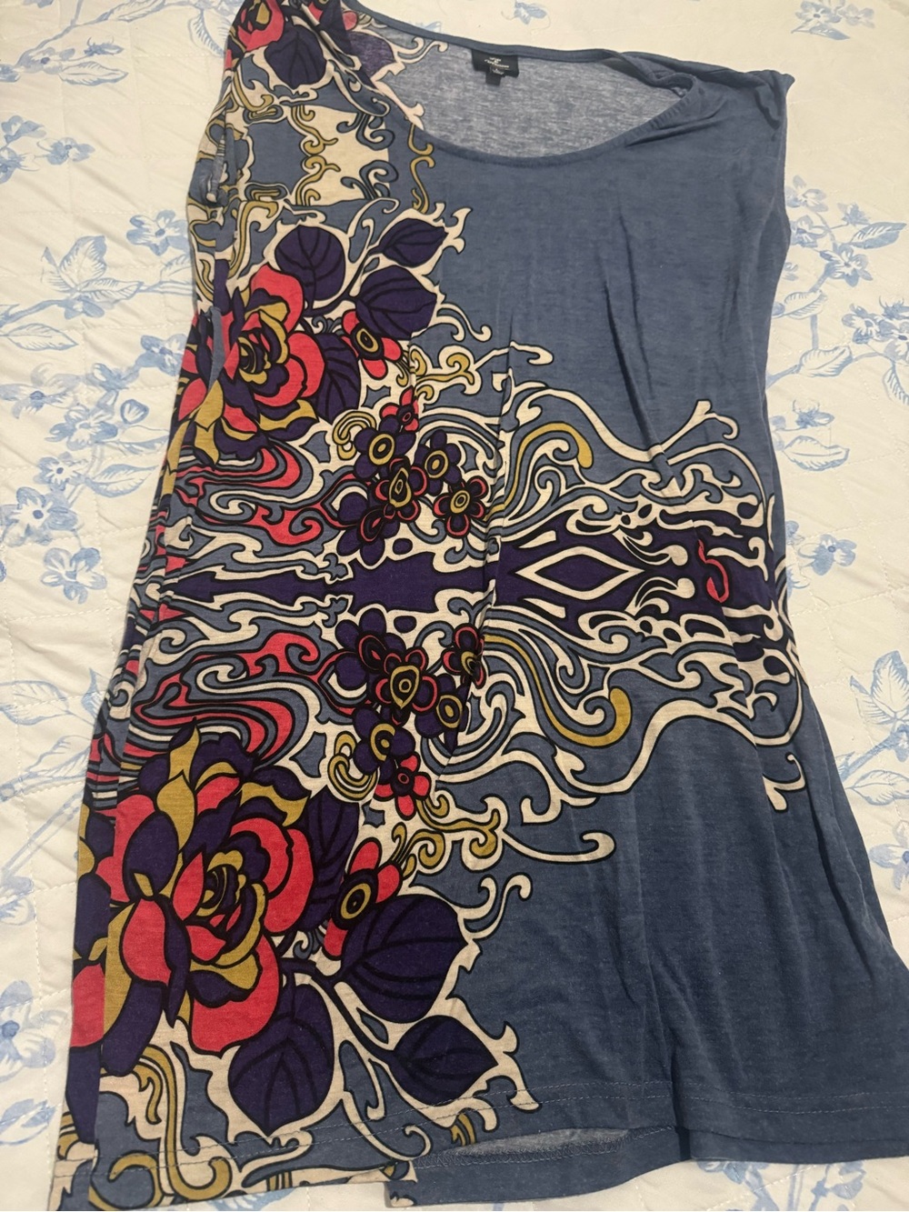 Printed Scoop Neck Women’s mini dress 
- Blue with Multicolor Floral Design